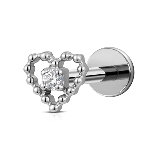 Hollow Heart Piercing Jewelry Collection - ASTM F136 Titanium Internally Threaded Flat Back Stud for Cartilage, Helix, Conch - color: Beaded heart - Tit