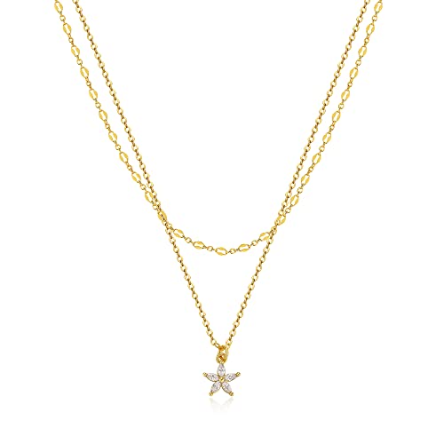 Tewiky Dainty 14k Gold Plated/Silver Cubic Zirconia Necklaces for Women | Simple CZ Jewelry Necklaces Trendy Gifts - color: Gold layered flower CZ