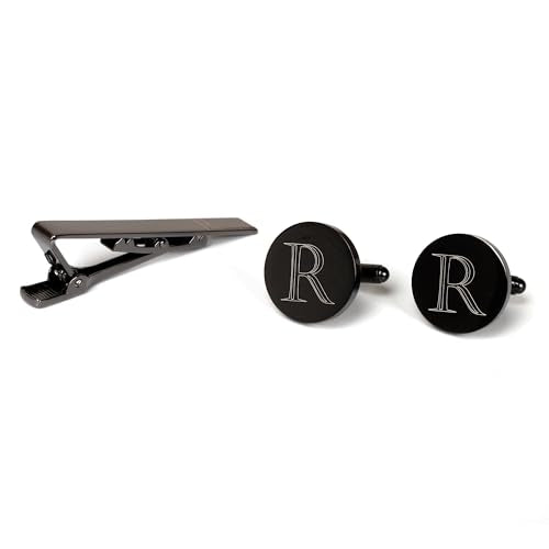 Mens Initial Cufflinks and Tie Clip A-Z Alphabet Letter Black Stainless Cuff Links Tie Bar with Engraved Walnut Wood Box Groom Groomsman Wedding Set - style: Classic-R
