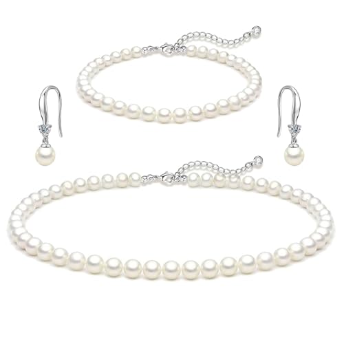 Zeffy Gold Pearl Necklace for Women, Dainty 14K Gold/Silve Plated Layered Pearl Choker Pearl Earrings Pearl Bracelets Wedding Trendy Gold Jewelry Set for Women Gifts - style: Silver Pearl Necklace&Earring&Bracelet-3PCS