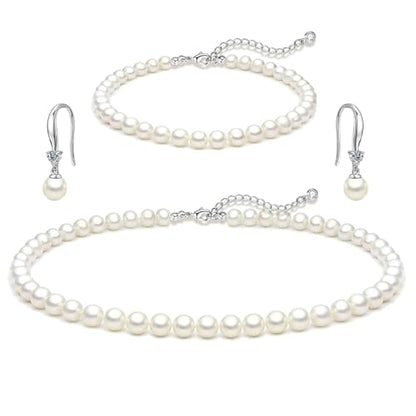 Zeffy Gold Pearl Necklace for Women, Dainty 14K Gold/Silve Plated Layered Pearl Choker Pearl Earrings Pearl Bracelets Wedding Trendy Gold Jewelry Set for Women Gifts - style: Silver Pearl Necklace&Earring&Bracelet-3PCS