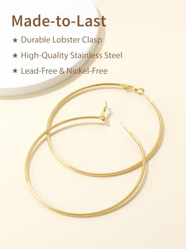 FindChic Thin Hoop Earrings for Women,Silver/Black/Gold Plated 20-100mm - color: Gold, size: 80mm