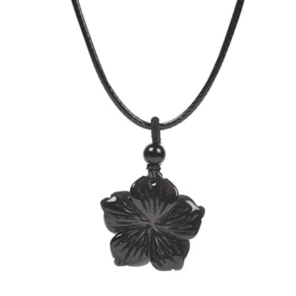 Justinstones Hand Carved Healing Crystals Gemstone Hawaii Flower Pendant Hand Weaving Wax Rope Necklace 22 inch - color: Black Obsidian