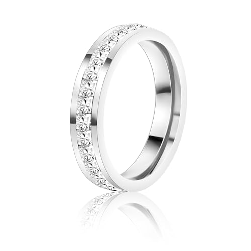 18K Gold Plated Rings for Women, Stainless Steel White Gold Eternity Band Ring with Sparkling Cubic Zirconia, 4mm Stackable Wedding Promise Ring, Comfort Fit Band Size 5/6/7/8/9, Mothers Day Jewelry Gifts - color: White Gold