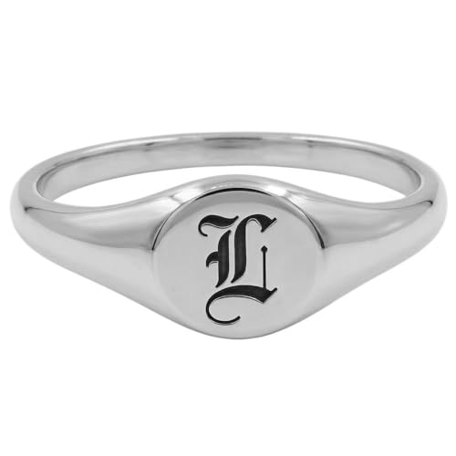 Custom Initial Signet Ring Dainty Engraved Old English Letter Jewelry Personalized Pinky Statement Ring for Women - color: Silver