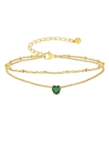 Suplight Gold Plated Butterfly Anklets for Women Waterproof, Layered Boho Ankle Bracelet with Birthstone, Stainless Steel Adjustable Non-Tarnish Heart Foot Jewelry Beach Vacation - color: 05. Heart-May. Emerald