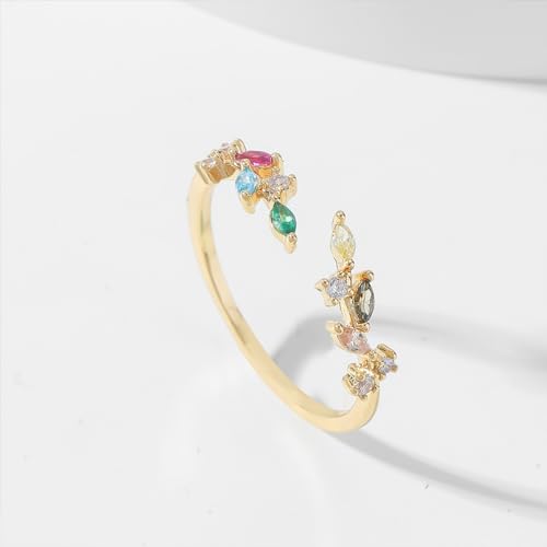 Gold Rings Non Tarnish Silver Adjustable Rings for Women Cubic Zirconia Leaf Ring Dainty Silver Stackable Ring for Women - style: colorful