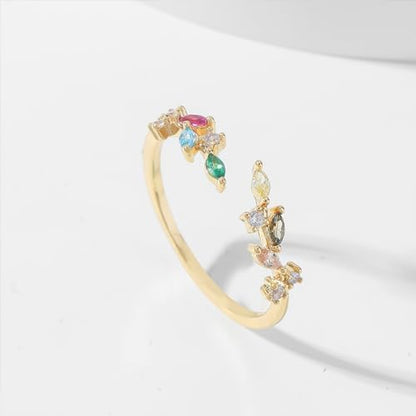 Gold Rings Non Tarnish Silver Adjustable Rings for Women Cubic Zirconia Leaf Ring Dainty Silver Stackable Ring for Women - style: colorful
