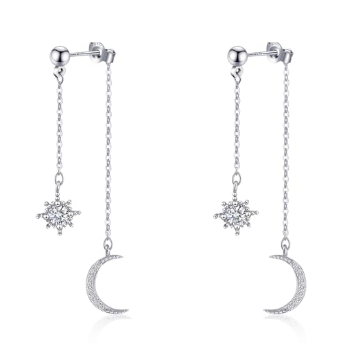 Moon and Star Dangle Earrings | Chain Tassel with Cubic Zirconia Drop Front and Back Earrings Celestial Jewelry for Wedding Gift - color: Silver