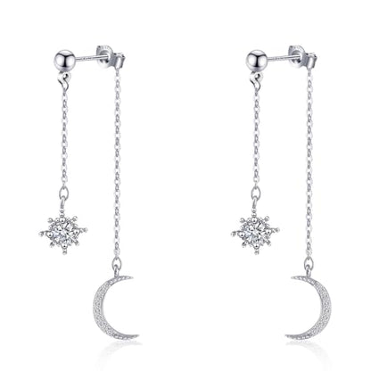 Moon and Star Dangle Earrings | Chain Tassel with Cubic Zirconia Drop Front and Back Earrings Celestial Jewelry for Wedding Gift - color: Silver