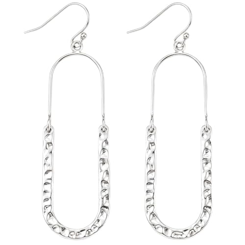 14K Gold Plated Texture Geometric Earrings, Simple Oval Hammered Hoop Drop Dangle Earrings for Women, Lightweight Dangly Minimalist Jewelry - color: Oval-Silver
