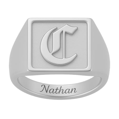 Custom Old English Initial Signet Ring for Men Women Personalized Square Pinky Ring with Inside Engraving - color: Silver