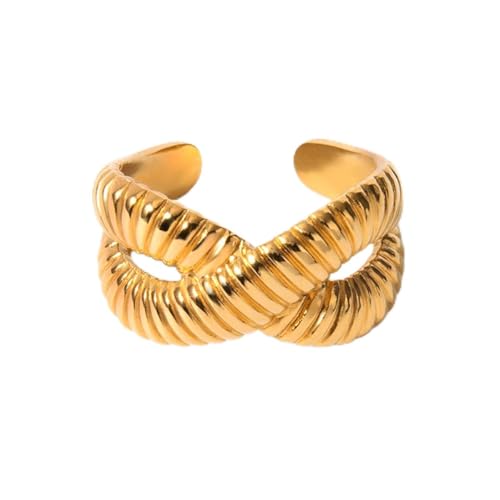 Minimalist Textured Twist Chunky Statement Ring,Gold Plated Stainless Steel Open Ribbed Band Stackable Chic Style Ring for Women - style: Style F