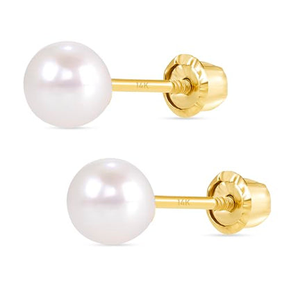 EVAYA Real 14k Gold Freshwater Pearl Stud Earrings for Women (3mm-6mm) | Real solid 14k gold with genuine freshwater pearl; 3-6mm diameter; secure screw back; hypoallergenic, classic everyday - size: 4mm