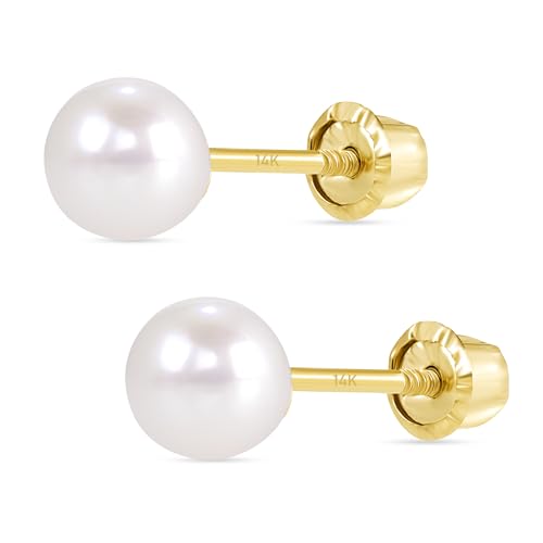 EVAYA Real 14k Gold Freshwater Pearl Stud Earrings for Women (3mm-6mm) | Real solid 14k gold with genuine freshwater pearl; 3-6mm diameter; secure screw back; hypoallergenic, classic everyday - size: 4mm