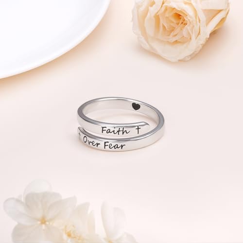 Ladytree Adjustable Inspirational Rings 925 Sterling Silver Stacking Wrap Spiral Twist Statement Band Encouragement Birthday Gift for Women Men - style: faith over fear