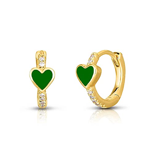 Enamel Heart Huggie Hoop Earrings with Cubic Zirconia Silver Small Hinged Hoops for Women - color: Heart Green Enamel