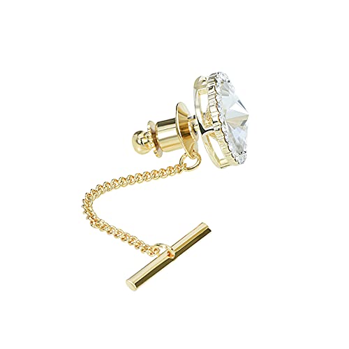 Men's Classic Round Crystal Men's Tie Tack Gold Color Tie Tack Clutch Back Fashion Necktie Tack Pin with Chain Crystal Lapel Pins Brooch - color: Clear Tie Tack