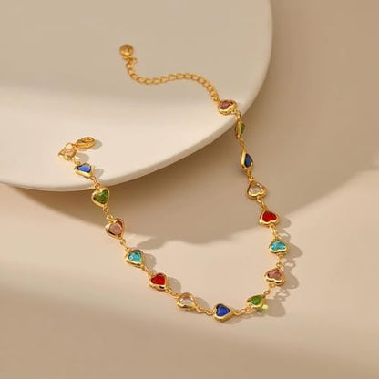 Ankle Bracelets for Women 18K Gold Plated Anklet for Women Gold Charm Anklet Waterproof Summer Beach Foot Chain Jewelry Gifts - style: ﻿heart colorful cubic zirconia