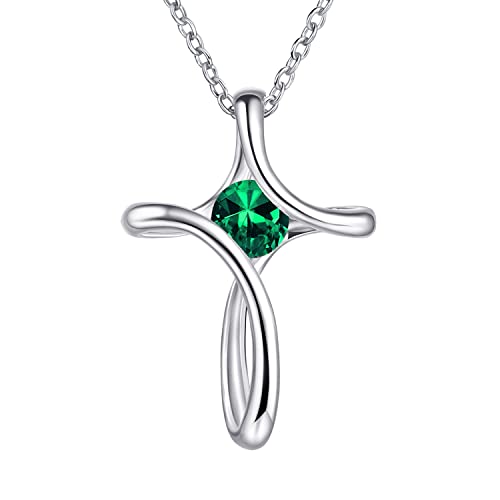 Cross Necklace for Women 925 Sterling Silver Birthstone Necklace for Women | Silver Necklaces with Diamond Sideways Birthstone Jewelry Gifts for Women 45+3cm Adjustable Chain - color: 05-May-Emerald