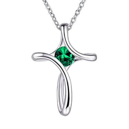 Cross Necklace for Women 925 Sterling Silver Birthstone Necklace for Women | Silver Necklaces with Diamond Sideways Birthstone Jewelry Gifts for Women 45+3cm Adjustable Chain - color: 05-May-Emerald