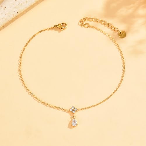 Gold Anklets for Women 18K Gold Plated CZ Ankle Bracelet Dainty Droplet Bar Tennis Ankle Trendy Summer Waterproof Beach Foot Chain Jewelry - color: Flower Charm-Gold