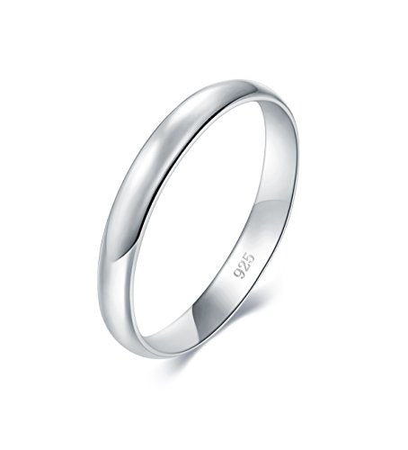 BORUO 925 Sterling Silver Ring| 14K Gold Plated Waterproof Stacking Rings| Plain Dome Tarnish Resistant Comfort Fit Wedding Band Gifts for Special Occasions 1.5mm 2mm 3mm Band Size 4-12 - color: 3mm Sterling Silver