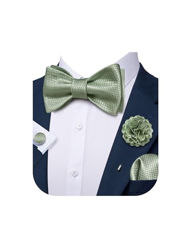 YOHOWA Bow Ties for Men Self-tied Silk Bowtie Solid Color with Lapel Pin and Handkerchief Cufflinks for Wedding Party Prom - color: Sage Green