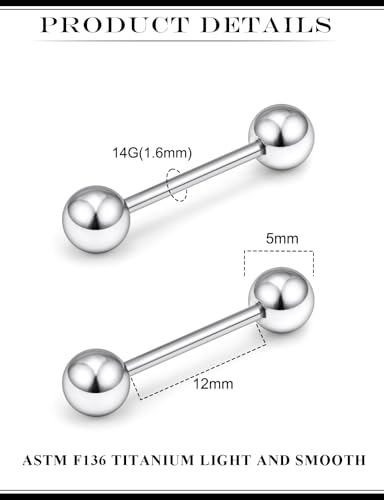 2G 4G 6G 8G 10G 12G 14G 16G Astm F136 Titanium Internally Threaded Nipple Tongue Rings Piercing Jewelry Industrial Straight Barbell Tongue Nipple Ring Bridge Piercing Jewelry For Women Men - size: 14 Gauge-12MM