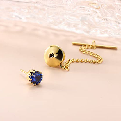 HAWSON Mens Tie Tack with Chain Round Crystal Wedding Business Accessories - color: Gold + Capri Blue