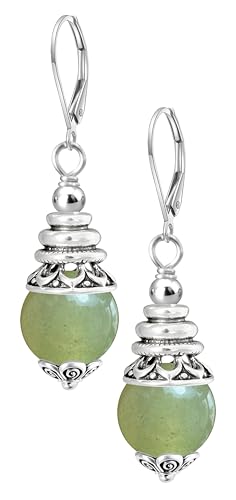 Natural 10mm Stone Beads Drop Earrings,Retro Silver Round Quartz Crystal Gemstone Beads Dangle Earrings for Women - color: A18_Olive Jade