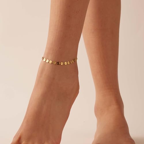 Dainty Ankle Bracelets for Women 18K Gold Plated Waterproof | Satellite Beaded Herringbone Lip Chain Anklets Simple Minimalist Summer Beach Foot Jewelry, Gift Box Included - color: Coin-Gold