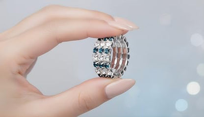 Sparkling Rhinestone Ring Set Trendy Elastic Rhinestone Crystal Stretch Ring Stackable Jewelry for Women Girls - color: 3 Rows Ring-White+Dark Blue