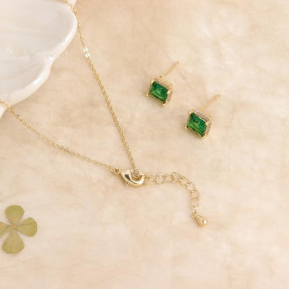 Gold Silver Stud Earrings Pendent Necklace Sets for Women, Dainty Rhinestone Crystal Necklace Earing Jewelry Set Wedding Accessories Fashion Holiday Gift - color: Simulate Emerald