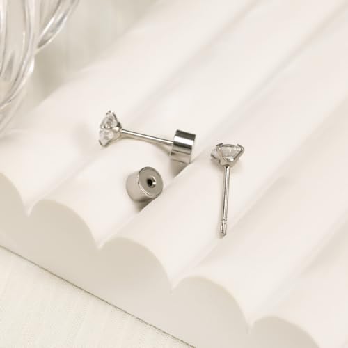 5-6 pairs Push-in Flat Back Stud Earrings Hypoallergenic Surgical Stainless Steel Cubic Zirconia Earrings Studs Set Multi-Pack, CZ Stud Earrings for Women Men Trendy Cartilage Stud Earrings 2-8mm - color: Silver-2/3/4mm(6pairs)