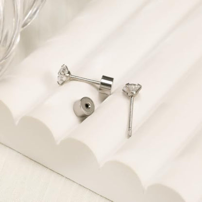 5-6 pairs Push-in Flat Back Stud Earrings Hypoallergenic Surgical Stainless Steel Cubic Zirconia Earrings Studs Set Multi-Pack, CZ Stud Earrings for Women Men Trendy Cartilage Stud Earrings 2-8mm - color: Silver-2/3/4mm(6pairs)