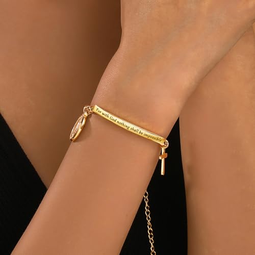 DS Inspirational Bracelet for Women Christian Engraved Bibler Verse Cross Butterfly Daisies Charm Bracelet, Exquisite Stainless Steel Jewelry Daughter Best Friend Bestie - style: For with God nothing shall be impossible - Luke 1:37-Gold