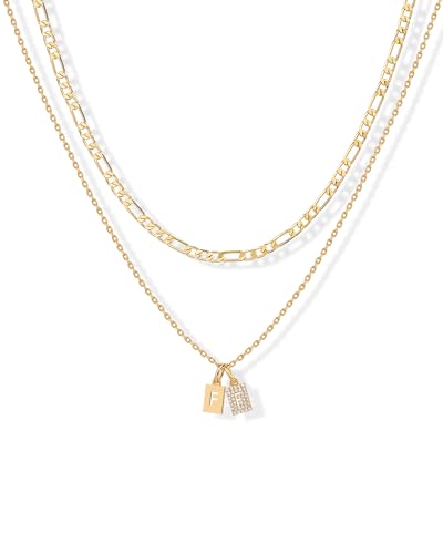 PAVOI Initial Necklace for Women, 14K Gold Plated Double Dog Tag CZ Pendant | Dainty Necklace, Letter Tag Necklace, Cubic Zirconia Pendant, Box Chain Necklace - style: - F