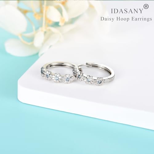 Sterling Silver Hoop Earrings for Women, Dainty Small Huggie Hoop Earrings | Hypoallergenic Daisy Color Cubic Zirconia Flower Hoops Earring Jewellery Gifts for Ladies Birthday Wedding, 12mm Hoop - color: Blue