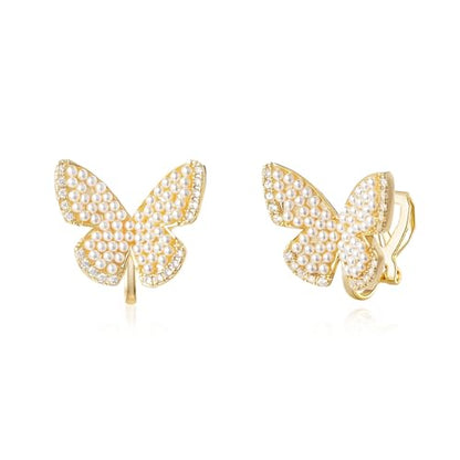 YOQUCOL Simulated Pearl Flower-Cluster Shape Clip On Stud Earrings Non Pierced Ear Earrings for Women - color: Butterfly