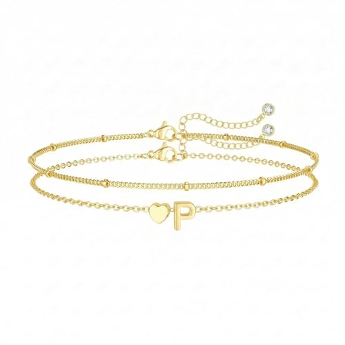 Gold Initial Bracelets for Women Trendy, Dainty Layered 14K Gold Plated Heart Letter Charm Bracelets, letter beads for name bracelets Jewelry Gifts - color: Gold-P
