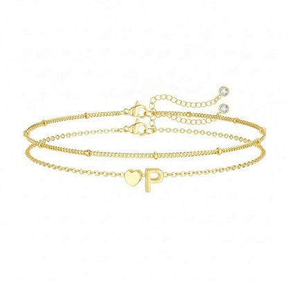 Gold Initial Bracelets for Women Trendy, Dainty Layered 14K Gold Plated Heart Letter Charm Bracelets, letter beads for name bracelets Jewelry Gifts - color: Gold-P