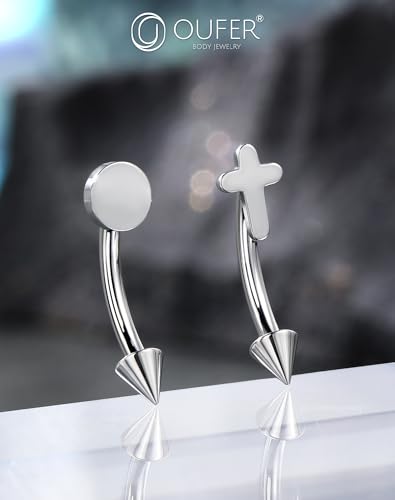OUFER Rook Piercing Jewelry, G23 Solid Titanium Eyebrow Rings, Heart Vertical Labret Lip Jewelry, 16G Curved Barbells, Daith Rook Earrings for Women Men - color: Silver Round, size: 16G 8mm