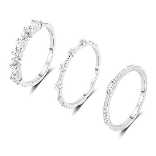 FUNEIA Stackable Silver Gold Rings for Women Non Tarnish 14K Gold Plated Thumb Cubic Zirconia Rings for Women Dainty Pinky Promise Wedding Ring Set Women's Engagement Eternity Band Rings Gold Jewelry - color: B-Silver Rings