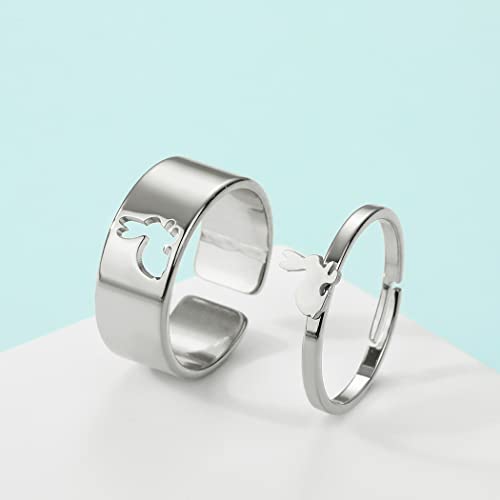 2PCS Matching Cute Animals Promise Engagement Rings for Couples Men Women Jewelry Band Sets 316L Stainless Steel Adjustable Open Ring - color: Rabbit-s