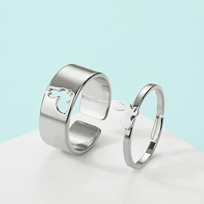2PCS Matching Cute Animals Promise Engagement Rings for Couples Men Women Jewelry Band Sets 316L Stainless Steel Adjustable Open Ring - color: Rabbit-s