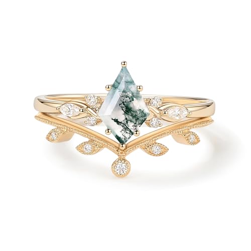 Natural Moss Agate Leafy Vintage Bridal Sets Wedding Rings for Women, 10K 14K 18K Solid Gold Kite-Cut Green Moss Agate and Moissanite Engagement Ring for Women Mother Her Jewelry Gift - color: 11-style11