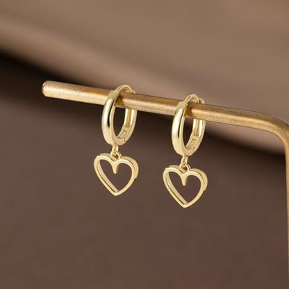 Reffeer Solid 925 Sterling Silver Heart Drop Earrings Hoop for Women Teens Heart Hoop Earrings Huggie Drop Earrings - color: B-Yellow