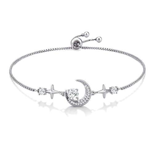 Silver Moon and Star Bracelet for Women Cubic Zirconia Adjustable Link Bracelet Celestial Charm Jewelry Gift for Her