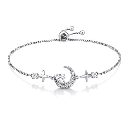 Silver Moon and Star Bracelet for Women Cubic Zirconia Adjustable Link Bracelet Celestial Charm Jewelry Gift for Her